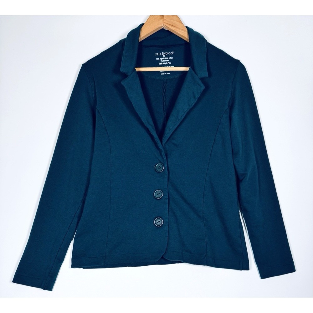 Fair Indigo Blazer Jacket Women Medium Teal Organic Pima Cotton Knit Stretch